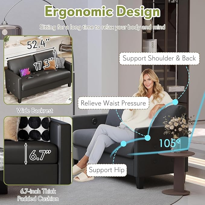 STHOUYN 59” Black Faux Leather Sofa Couch, Modern Comfy Office 2 Seater Couch