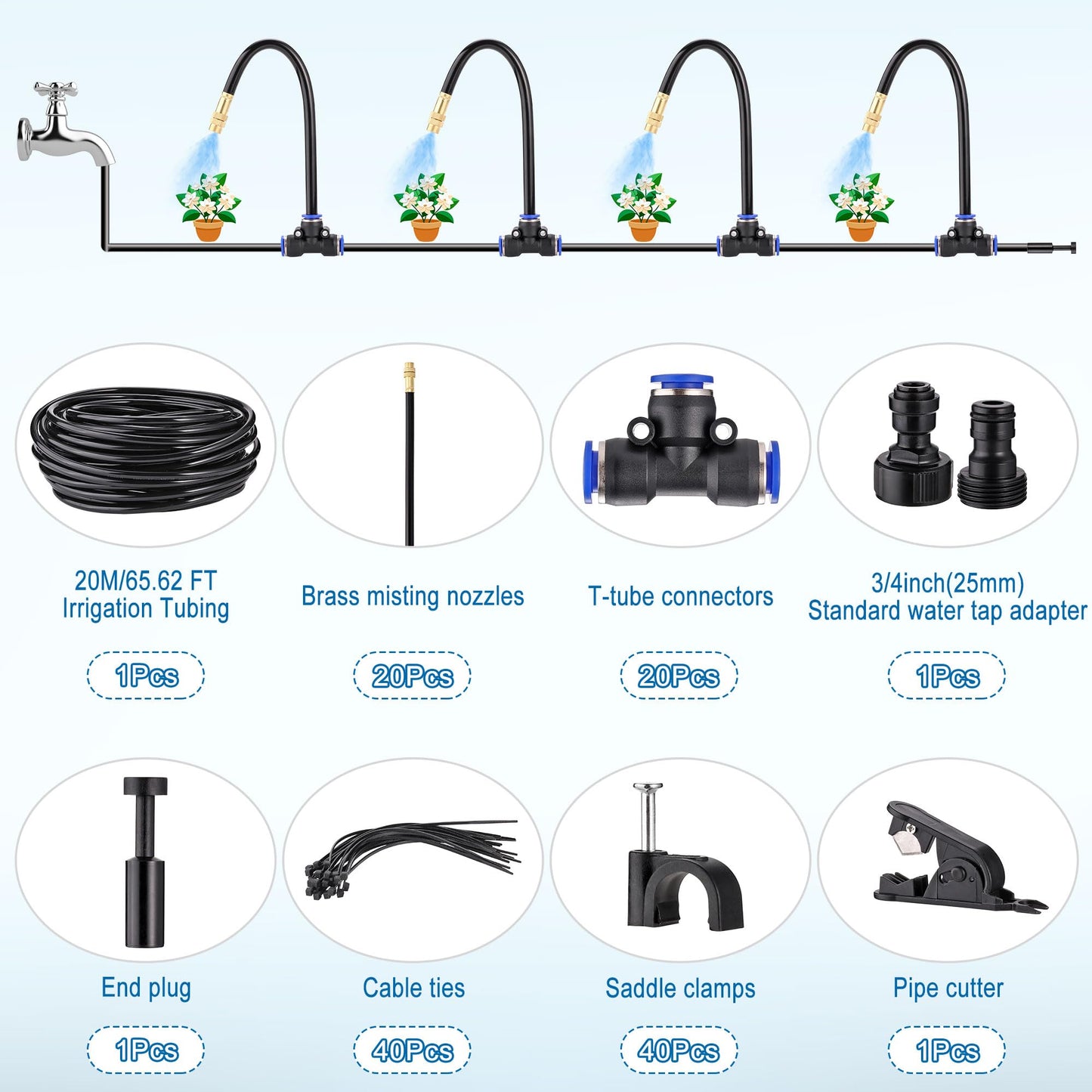 Mornajina Automatic Drip Irrigation Kits Garden Irrigation System, Includes 66FT 5/16 inch Irrigation Tubing Hose & 20Pcs 360° Bending Dropper Atomizing Mist Nozzles Tee for Garden Watering System