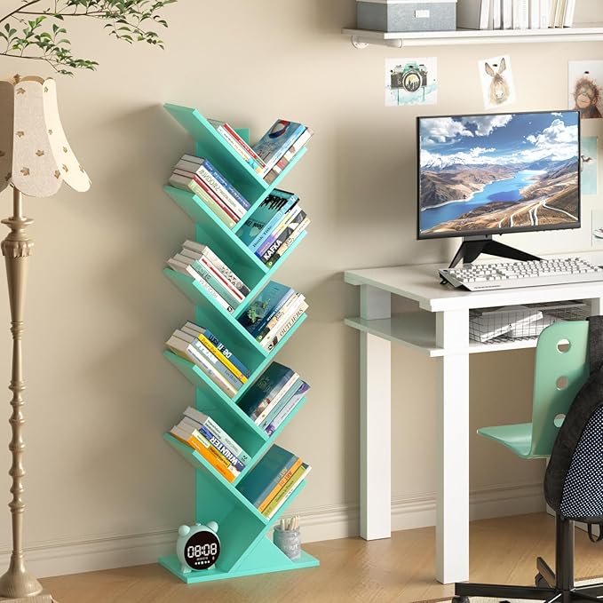 SHEEPAM 10 Tier Tree Book Shelf, Floor Standing Wood Bookshelf