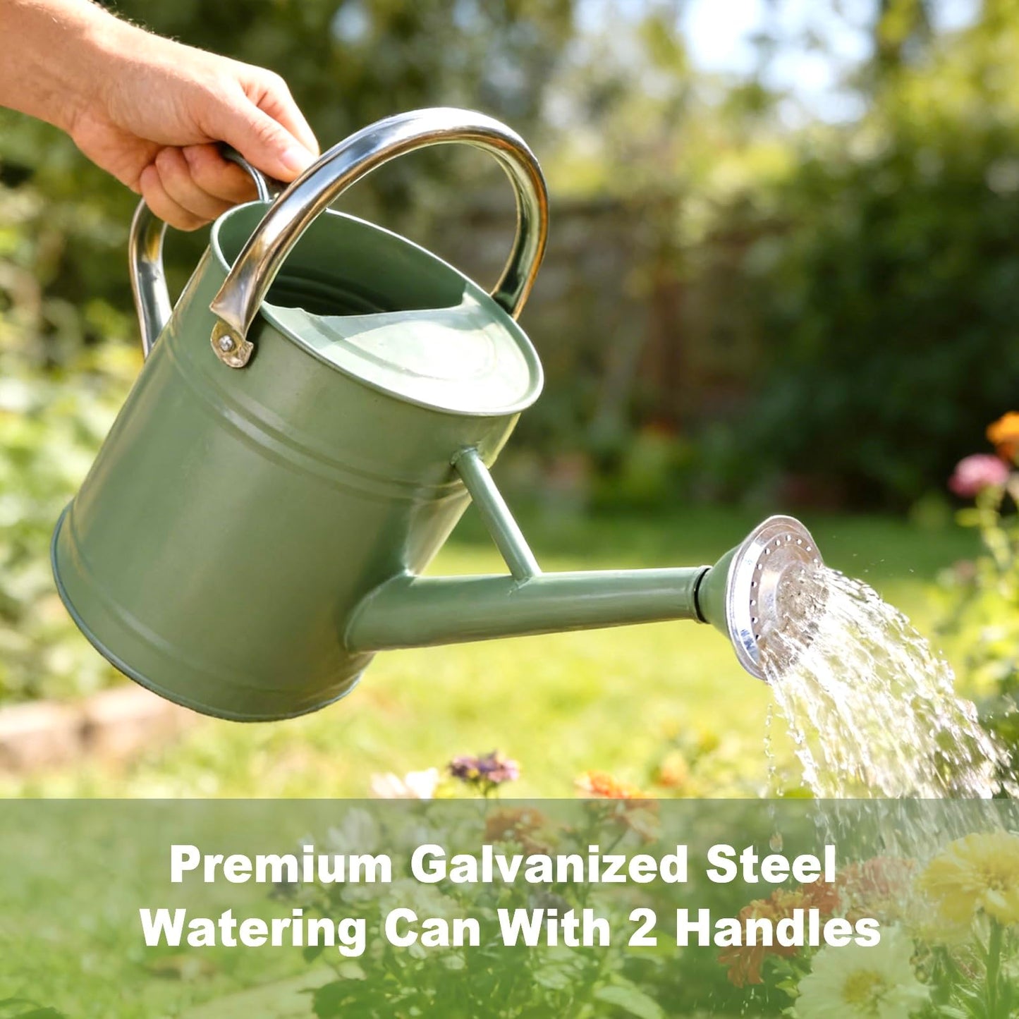 Watering Can for Outdoor&Indoor Plants，1 Gallon Metal Watering Can with with Removable Spout，Galvanized Steel Garden Flower Water Can Plant Watering Pot with 2 Stainless Steel Handles，Cream Green