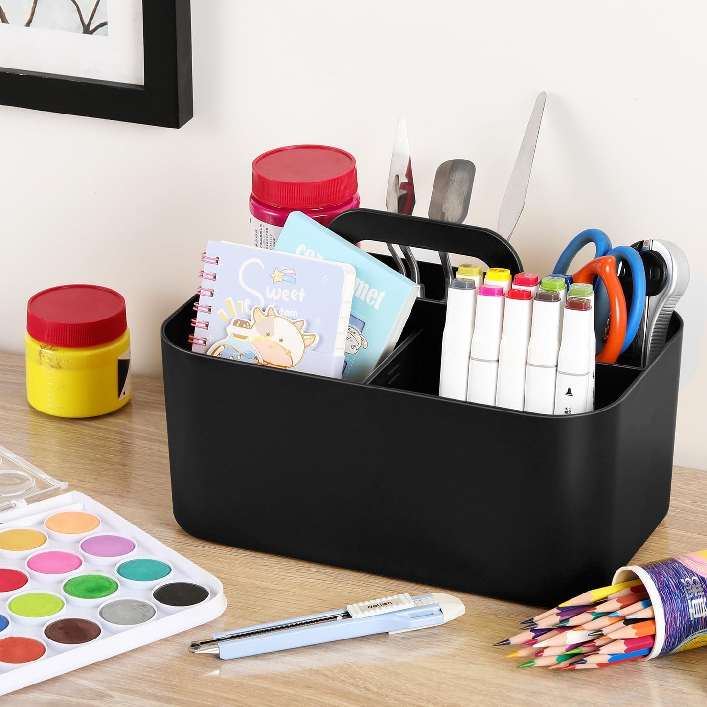 Multiuse Caddy Organizer with Handle, Portable Divided Plastic Tote Bin - Art Craft, Stationary Pen Marker Crayons, Makeup Hair Supplies Storage - Bathroom, Classroom, Dorm, Office, Desk Holder -Black
