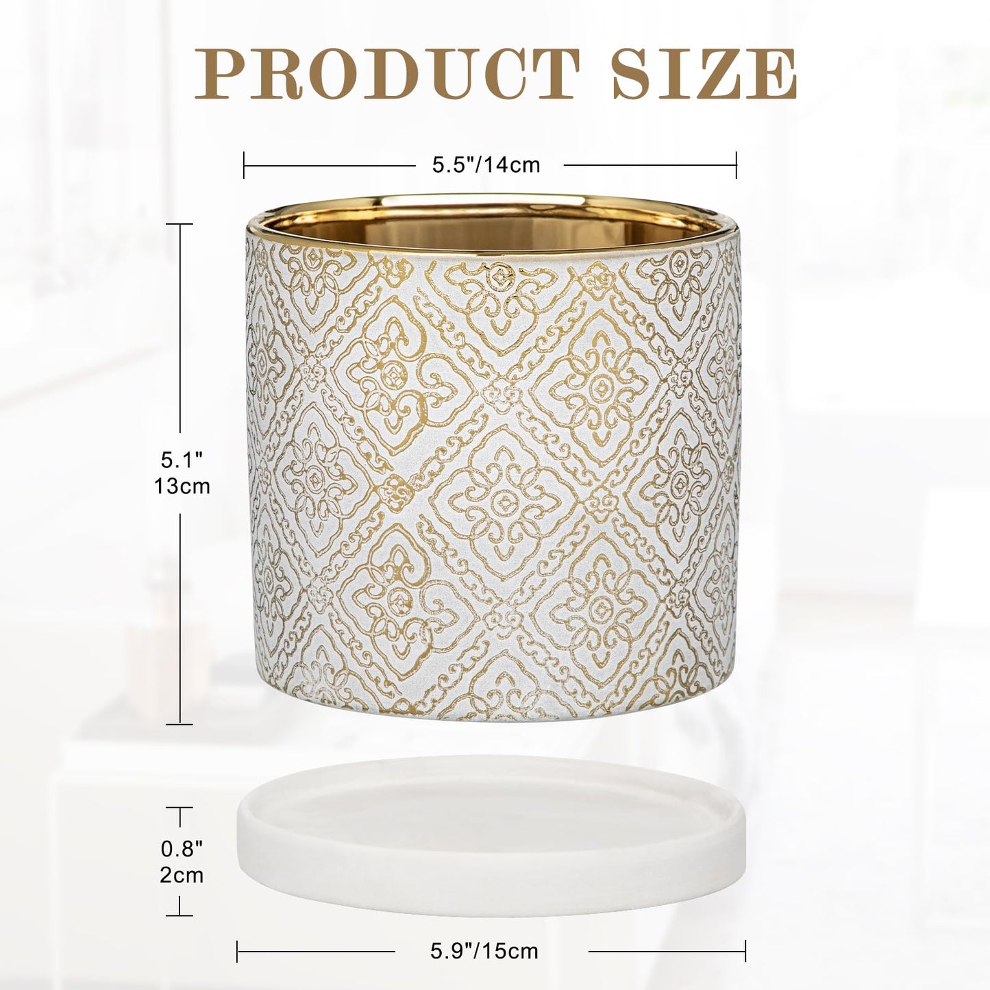 Ceramic Plant Pots with Drainage Hole & Saucer, White & Gold Ceramic Planter Pot for Indoor & Outdoor Use, 5.5" Small Plant Pots Decorative Flowerpots for Succulents, Herbs, Cactus, Orchids Planter