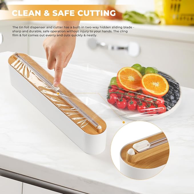 Magnetic Plastic Wrap Dispenser with Cutter - Practical Refillable Cling Wrap Aluminum Foil Dispenser with Slide Cutter, 12 Inch X 164 Feet Kitchen Food Cling Film Included, Bamboo-style
