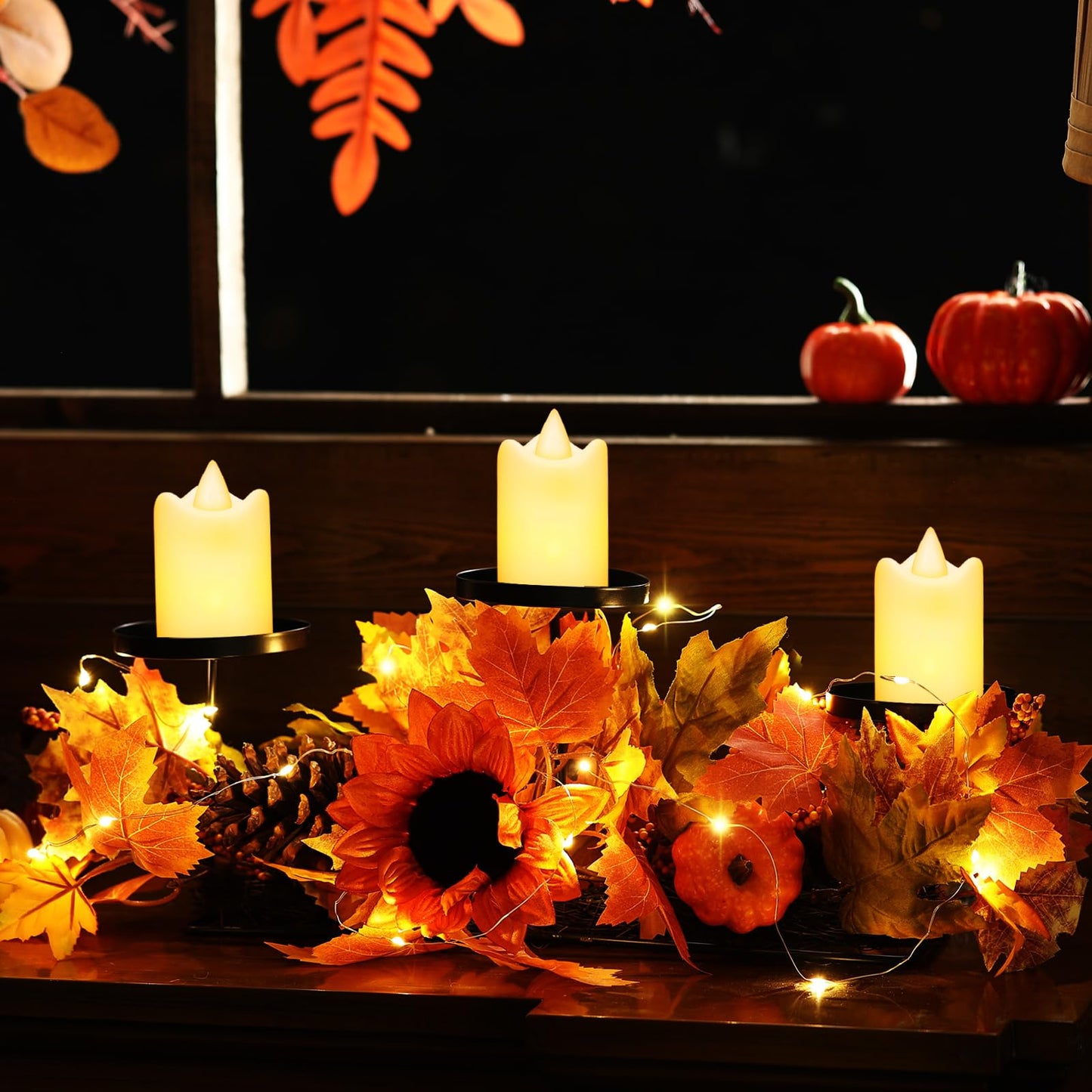 meekoo Fall Centerpiece Thanksgiving Table Decoration 3 Candle Holders Fall Harvest Decor with 3 LED Candles Autumn Pumpkin Maple Leaves Sunflower Centerpiece for Kitchen Fireplace Mantel