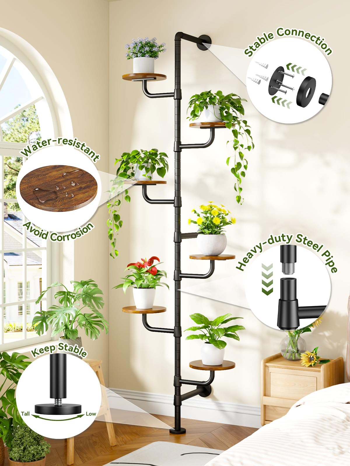 CYXPHION Plant Stand Indoor, 6-Tier Plant Shelf, Tall Wall Mounted Metal Pole & Rotating Wooden Board Plant Holder for French Window, Corner, Home Decor - C5