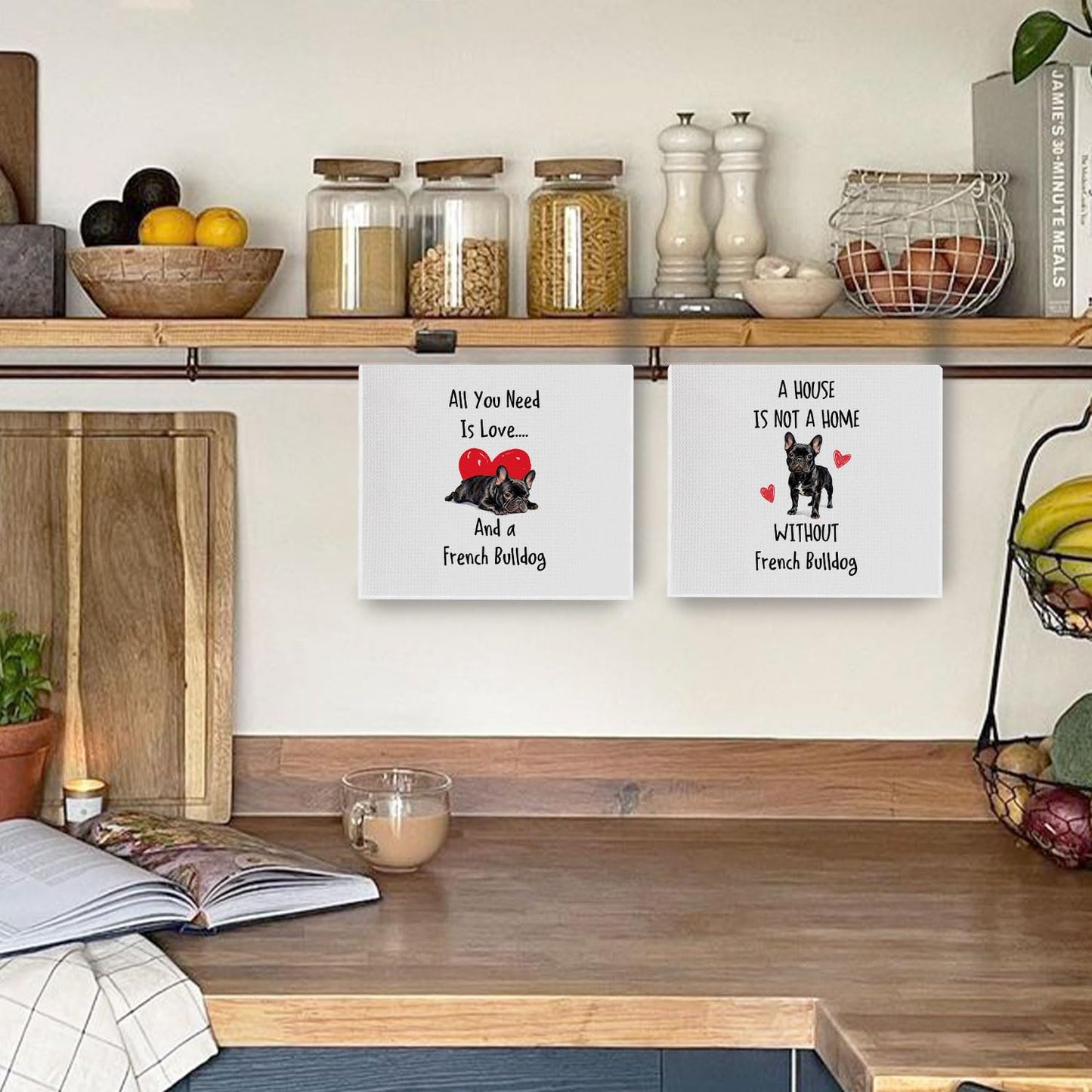 XIVENHAVM French Bulldog Kitchen Towels Set - French Bulldog Gifts for Women Decorative Waffle Dish Towels, Funny Frenchie Gift Hand Towels, Hostess Gifts Tea Towel, 16x24 Inch Set of 2