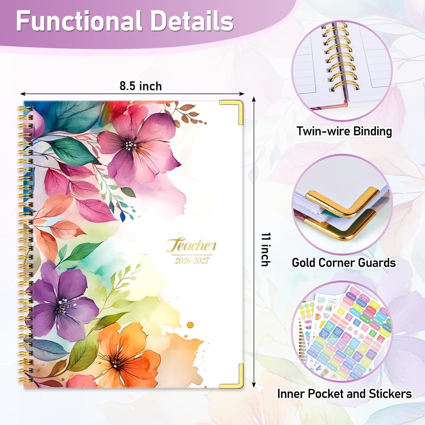 Teacher Planner 2026-2027, Jul 2026-Jun 2027 Academic Year, 8.5" x 11" Lesson Planner Book for Teacher Calendar, Spiral Bound Planners, Colorful Monthly Tabs, Planning Stickers, Flower