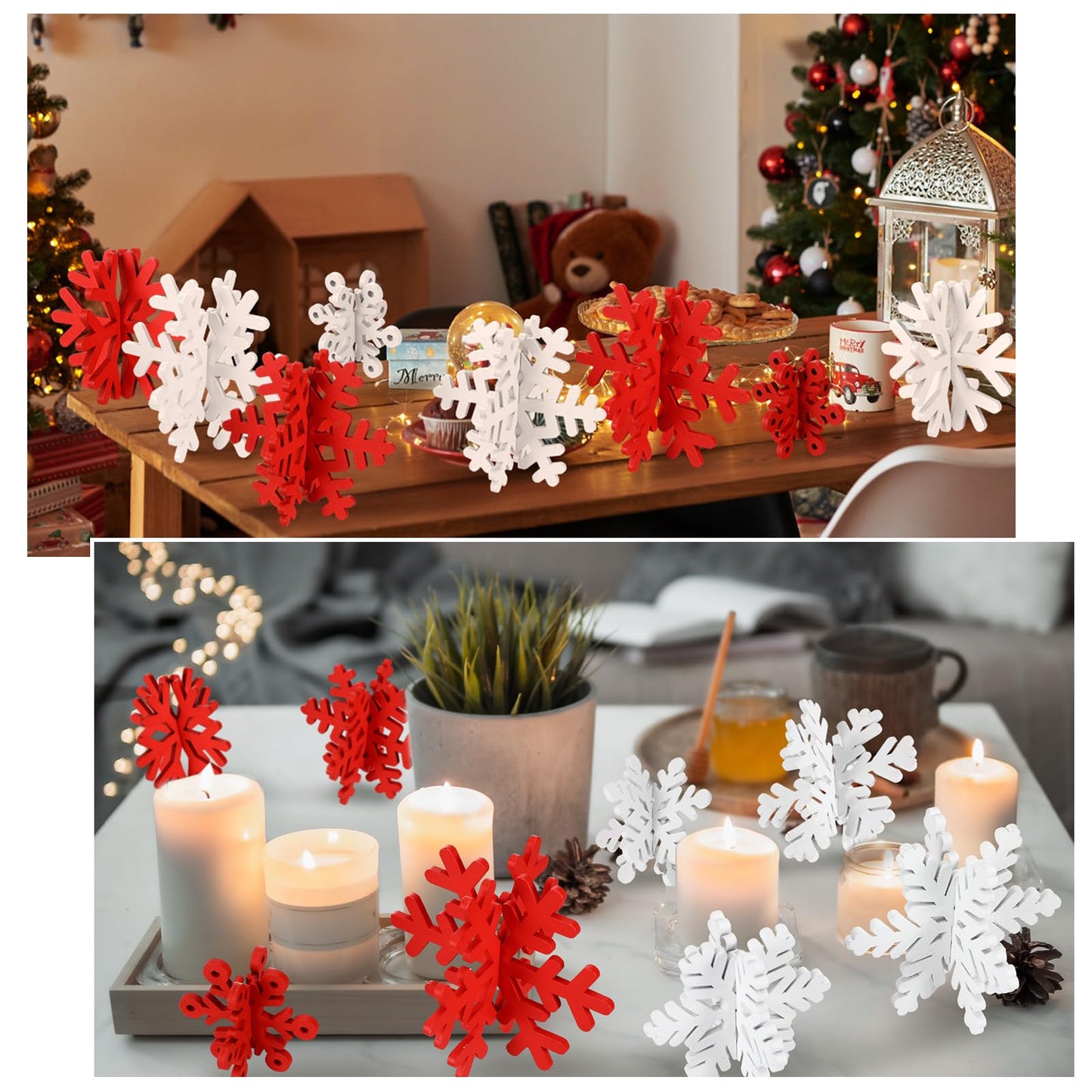 Wenqik 16 Pcs Winter Wooden Snowflake Decor Christmas Winter Snowflake Tabletop Decorations 3D Snow Table Signs Standing Centerpiece Xmas Tiered Tray Decorations for Party(Red White)
