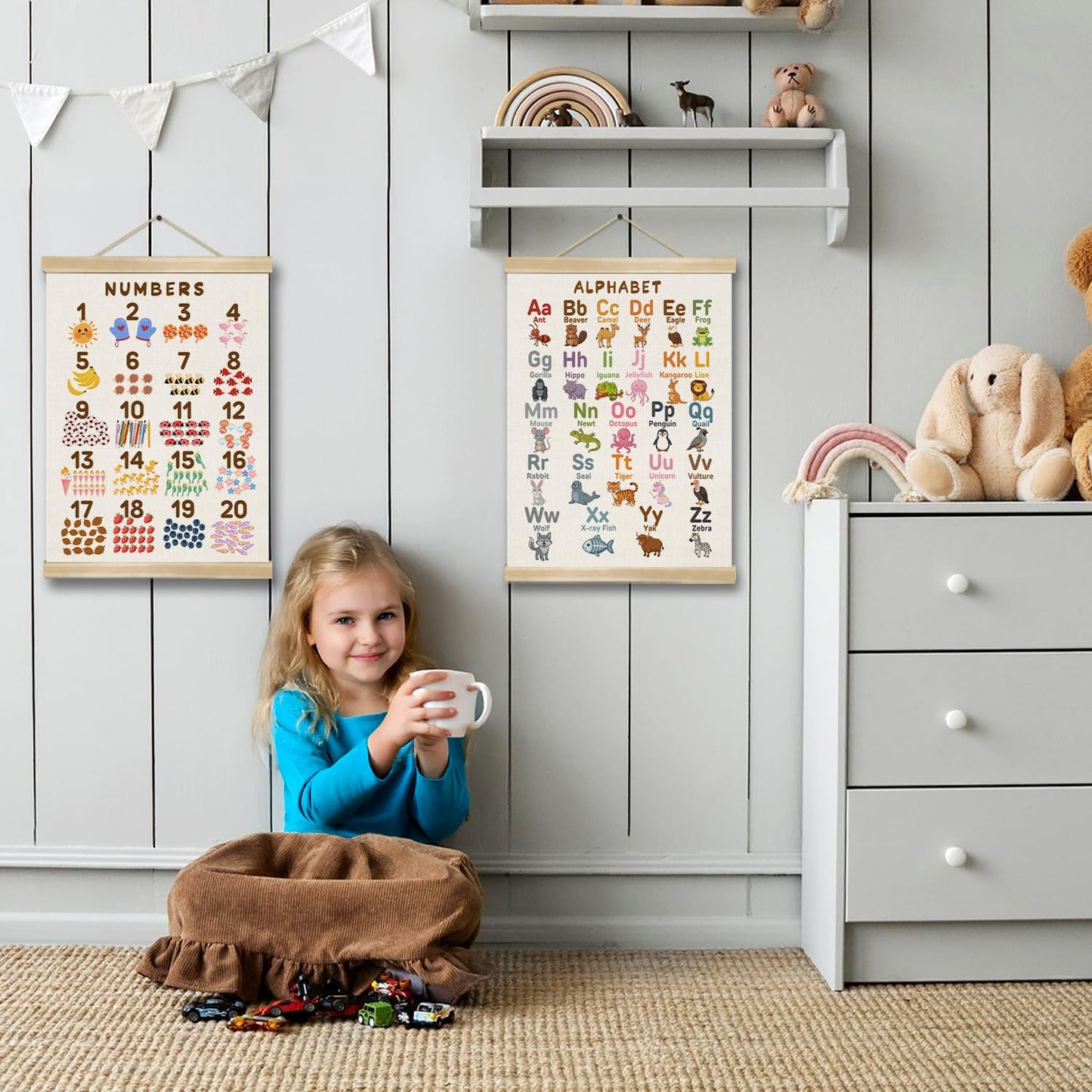Alphabet and Numbers Chart Poster Set of 2, Alphabet Numbers Wall Art 14x18.5inch,ABC Banner Posters, Banner Wall Hanging Decor for Toddler Room Playroom Nursery Wall Classroom Decor (Sakura Pink ABC&123)