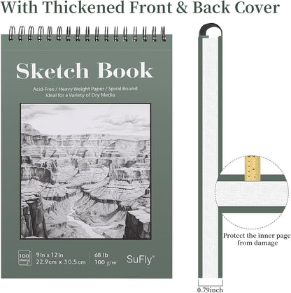 SuFly 9"x12" Drawing Paper, Pack of 2, 100 Sheets Each, Top Spiral Sketch Pad, 68lb/100gsm, White.