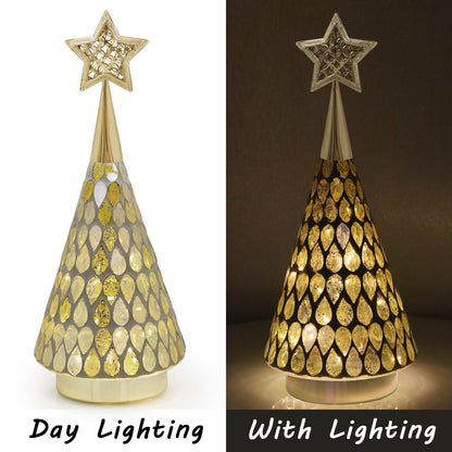 Mosaic Glass Christmas Tree Gold with Star, 3 PCS Small Tabletop Christmas Trees with Light, Battery Operated Xmas Tree for Bedroom Decor 11"