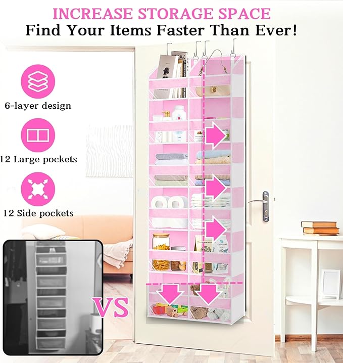 Over The Door Organizer 6 Tiers, Extra Large Behind Door Storage of 12