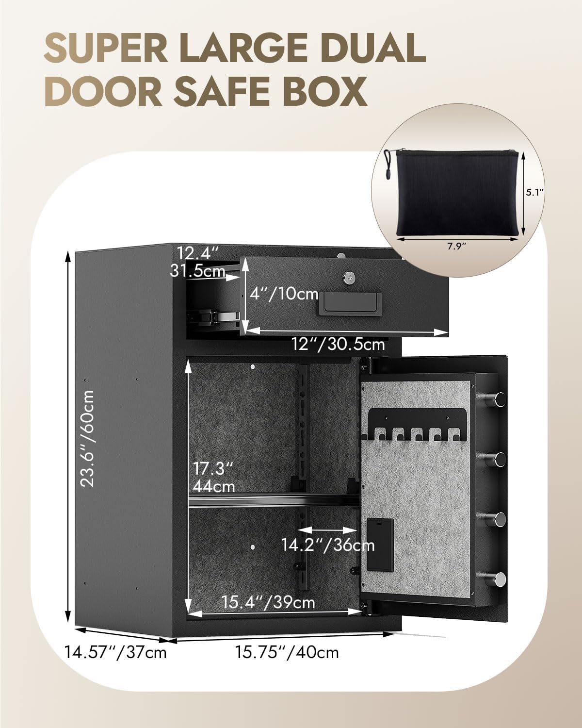5.1 Cu Ft Safe for Home with Fireproof and Waterproof Document Bag Cash Money Drawer Safe with Digital Keypad Alarm System Removable Shelf Security Safes for Money Cash Documents Medicines