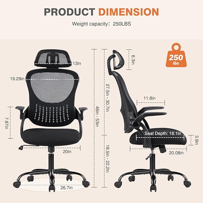 Sweetcrispy Office Computer Desk Chair, Ergonomic High-Back Mesh Rolling Work