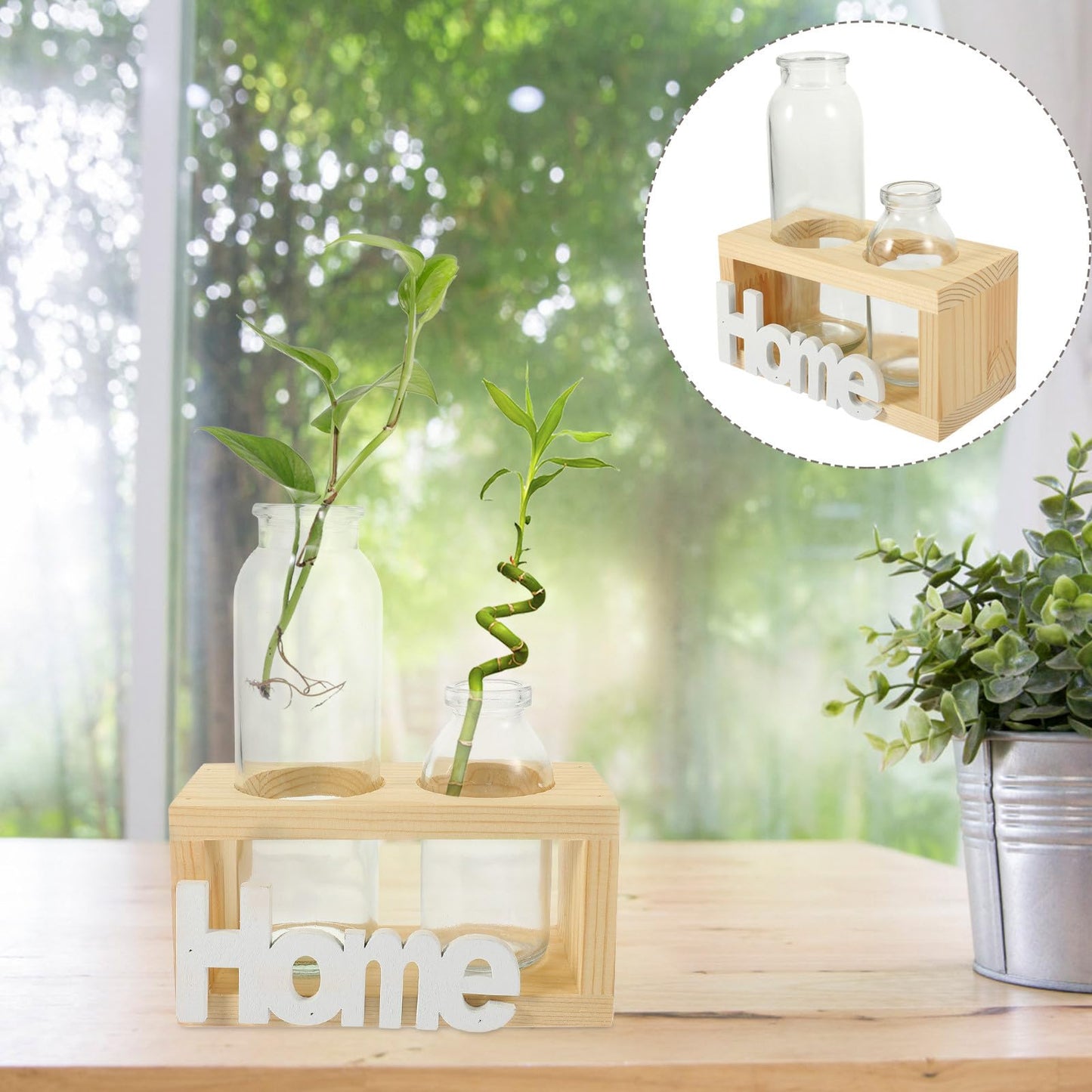 FESTFENDS Glass Terrarium Plant Vase with Wooden Stand, Hydroponic Propagation Station for Indoor Plants, Nordic Style Desktop Flower Vase Home Décor Set with 2 Glass Containers and Natural