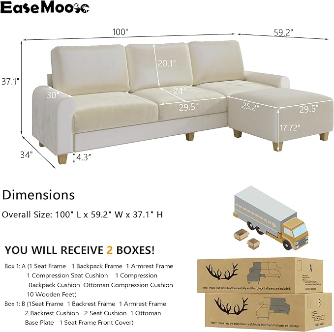 EASE MOOSE Large Seat Velvet L-Shaped Sofa, Soft 4 Seat Couch