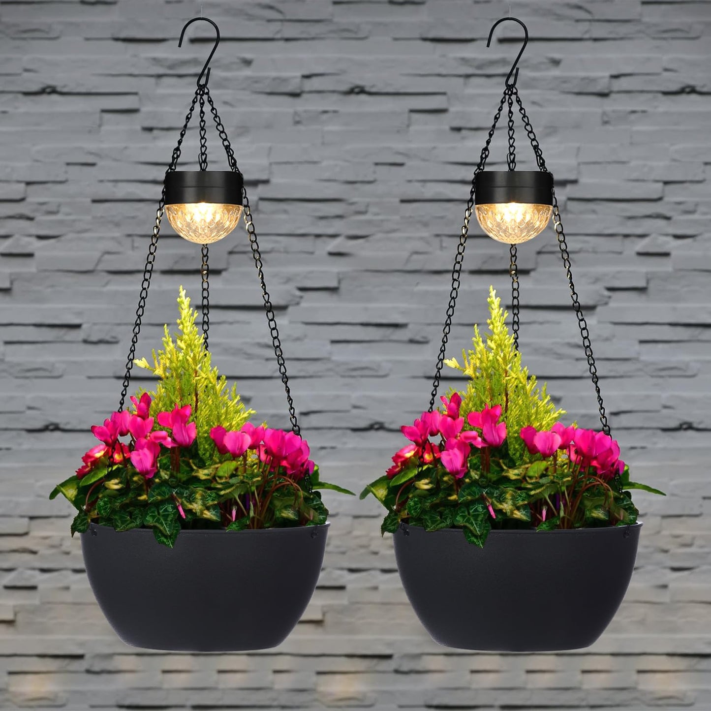 BAYN 2 Packs Solar Hanging Basket Planters for Plants Outdoor, Self Watering Black Flower Plants Pots with Solar Light Drainer for Balcony Patio Garden Outdoor Decoration