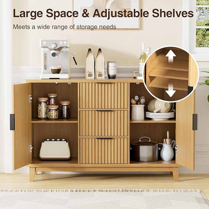 47.2" W Storage Cabinet with 3 Drawers, Fluted Buffet Cabinets with Storage