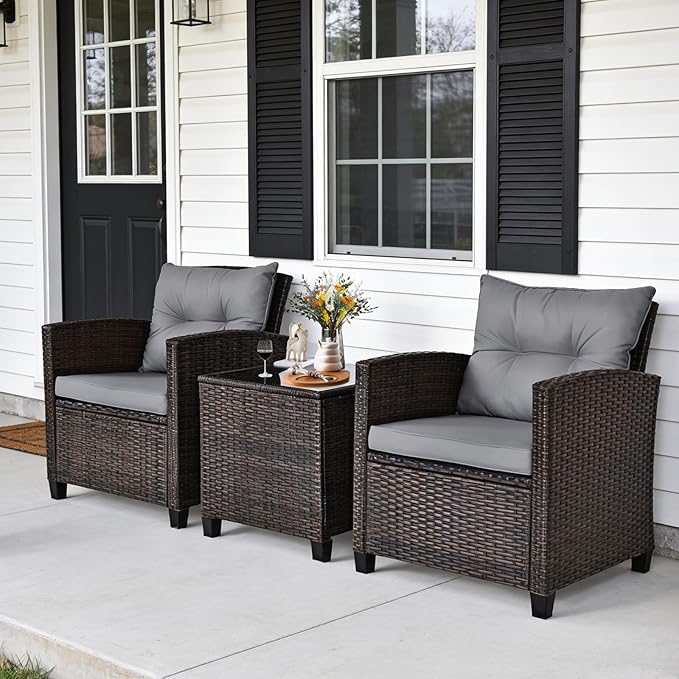 COSTWAY 3PCS Patio Furniture Set, PE Rattan Wicker Sofa w/Washable Cushion and