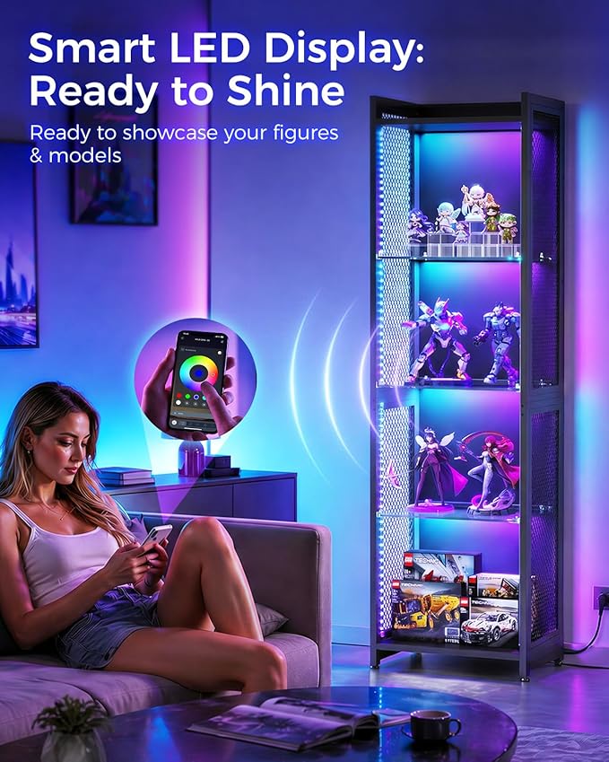 AODK Display Case with LED Lights, Display Cabinet with Open Glass Shelves