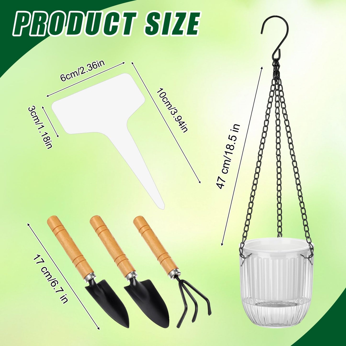 12 Pcs 4.5 Inch Self Watering Hanging Planters for Indoor Outdoor Plants Bulk Pet Small Hanging Flower Pots with Chain Hooks Drainage Holes with Labels 3 Transplant Tools Baskets for Simple Plant Care