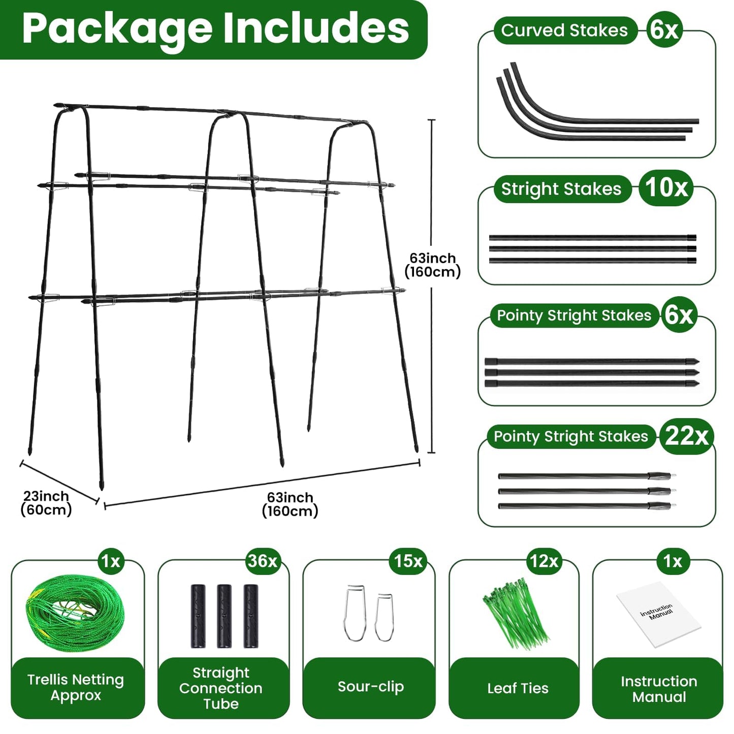 Garden Trellis for Climbing Plants Outdoor, 5.3x5.3ft Garden Trellis Climbing Plant Support Plastic-Coated Metal U-Shaped Vine Vegetables Tomato Cucumber Trellis Raised Bed, with Netting, Black