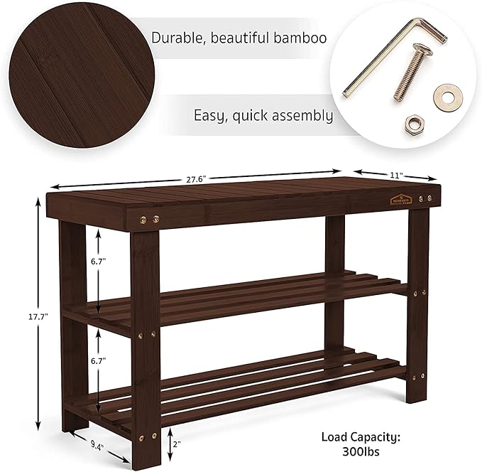 Homemaid Living Bamboo 3 Tier Shoe Rack Bench, Premium Shoe Organizer or