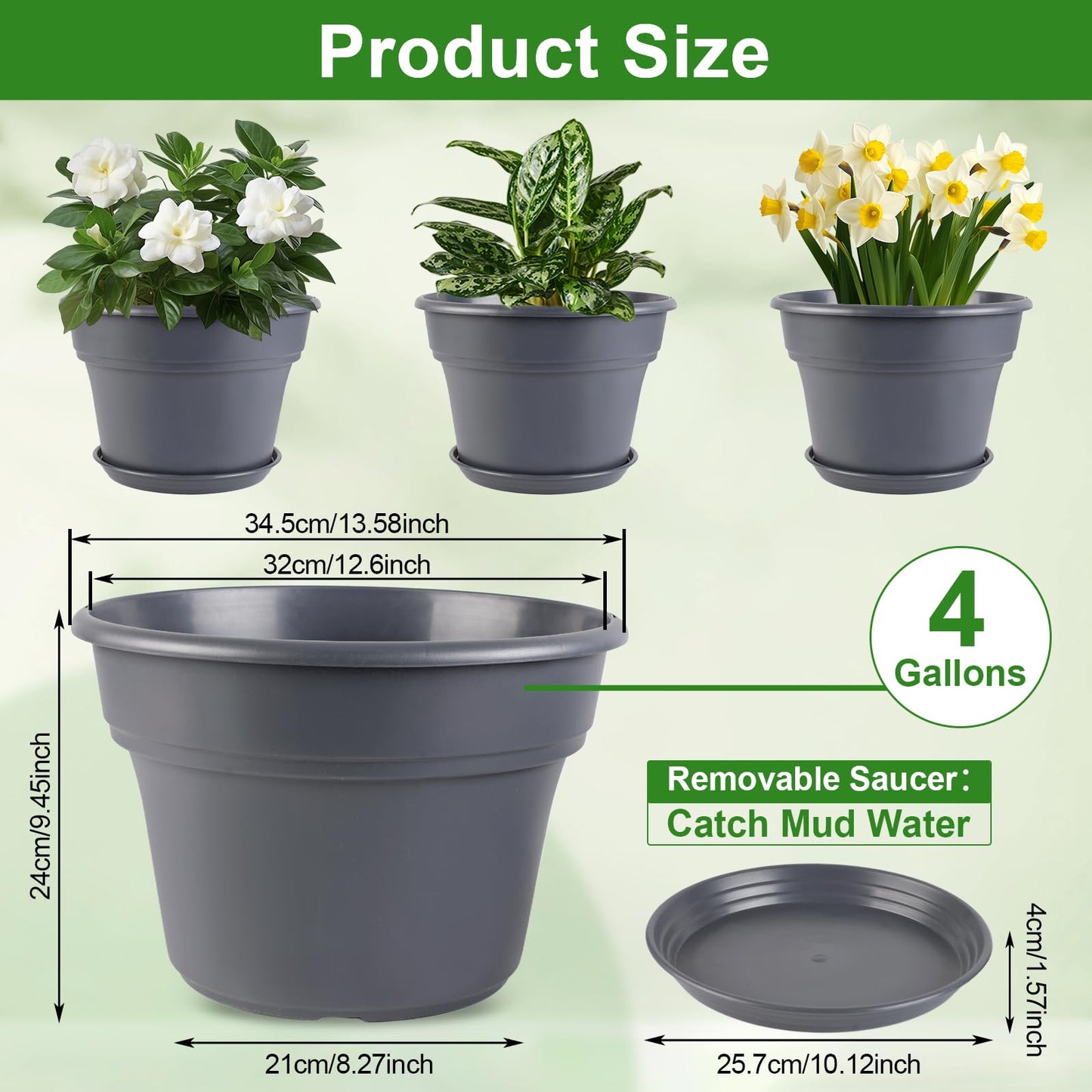 Myfeegoin 13-inch-Plant-Pots, 4 Pack Large Planters for Outdoor Plants, Plastic Flower Pots Indoor with Drainage Holes & Trays, Classic Garden Pot Container for House