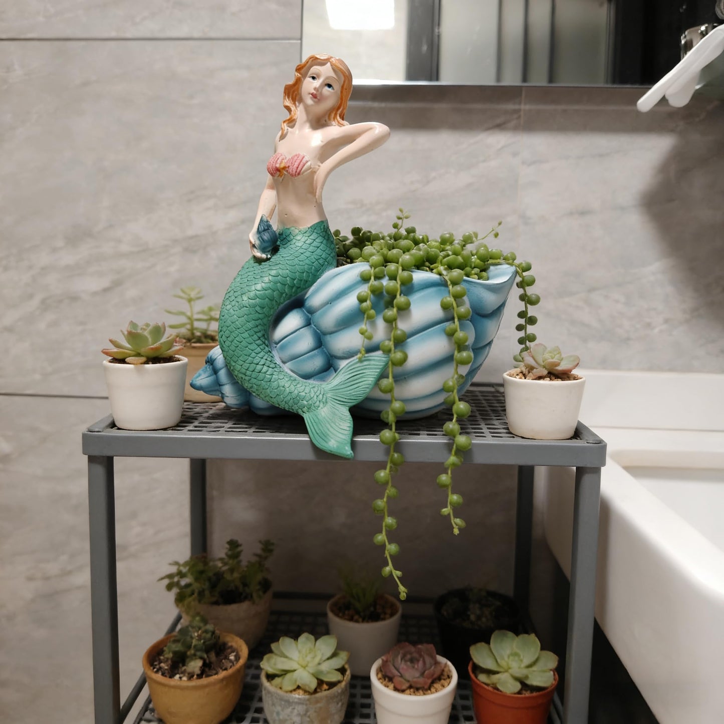 KARSTSYLVA Mermaid Resin Planter Statue, Conch Base Succulent Flower Pot for Home Garden Nautical Decor (Blue)