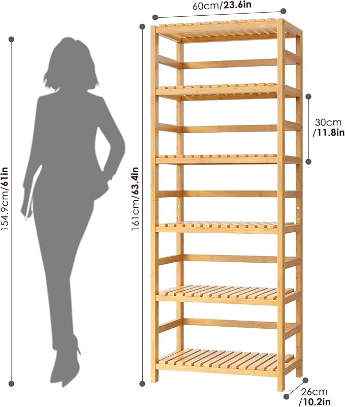 FOTOSOK 6-Tier Bamboo Shelf, Bamboo Bookcase