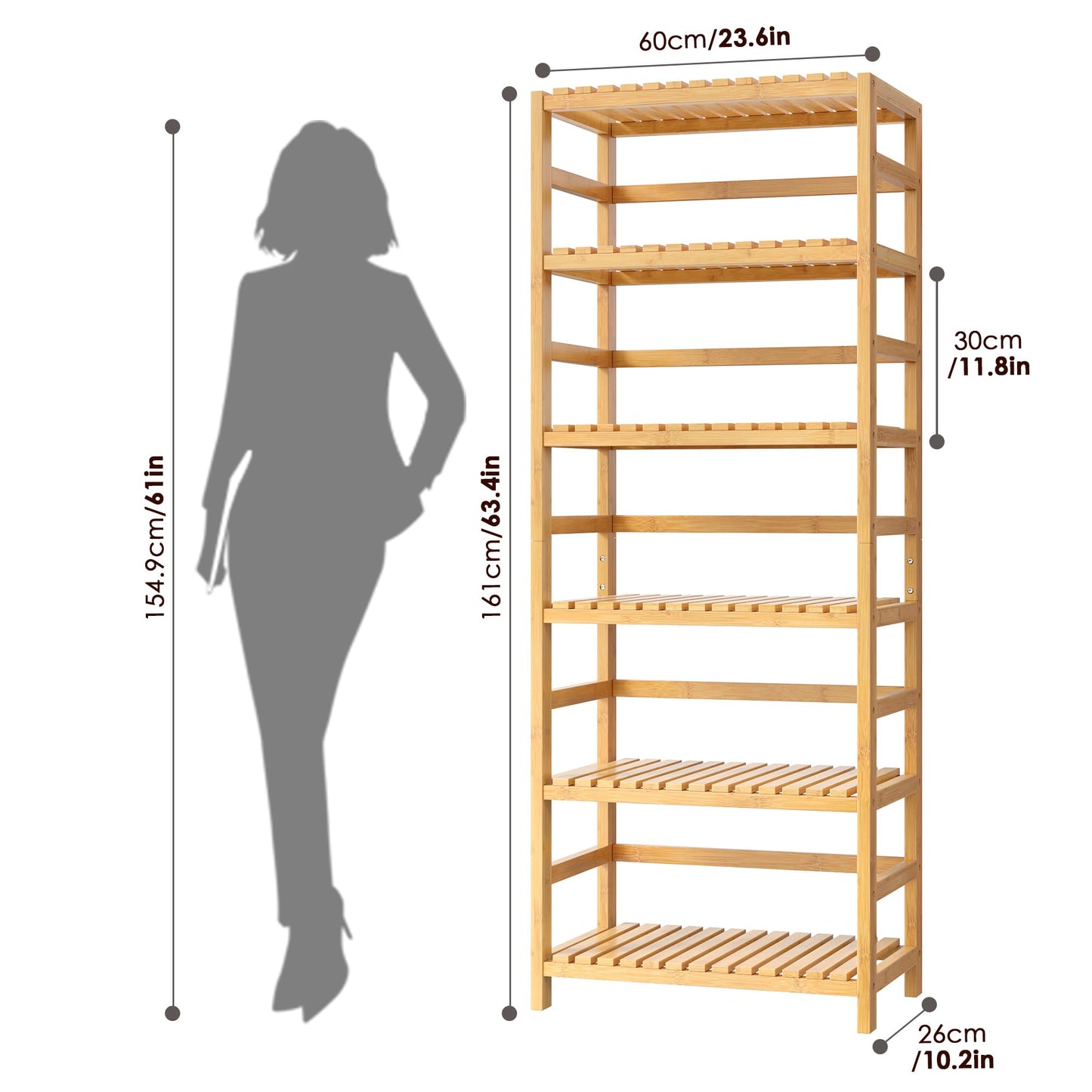 FOTOSOK 6-Tier Bamboo Shelf, Bamboo Bookcase with Adjustable Shelves, Free Standing Storage Shelf Unit, Plant Flower Stand for Kitchen, Bathroom, Home Office, Natural
