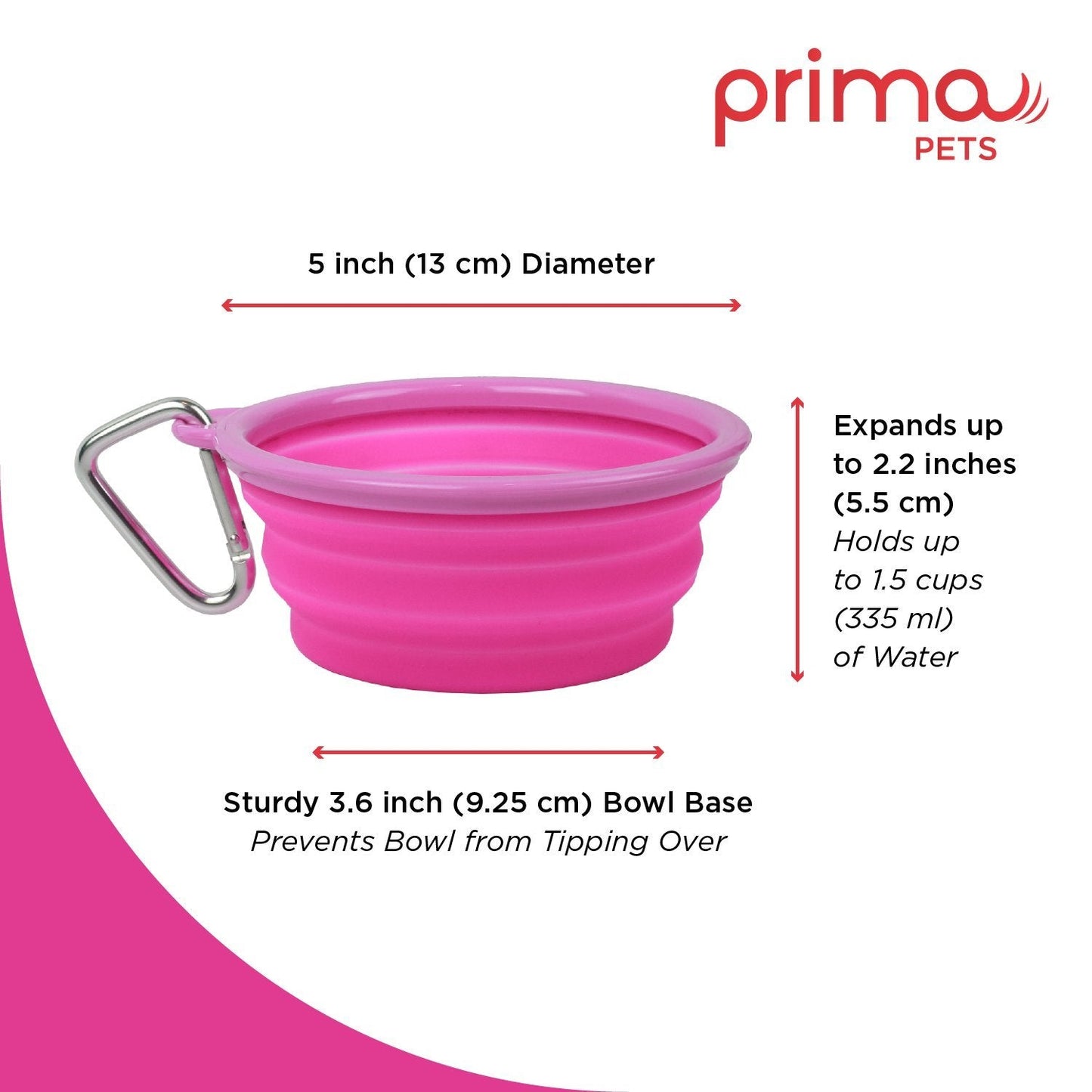Prima Pet Collapsible Silicone Water Travel Bowl with Clip for Dog and Cat, Portable and Durable Pop-up Feeder for Convenient On-The-go Feeding - Size: Small (1.5 Cups) Pink - 2 Pack