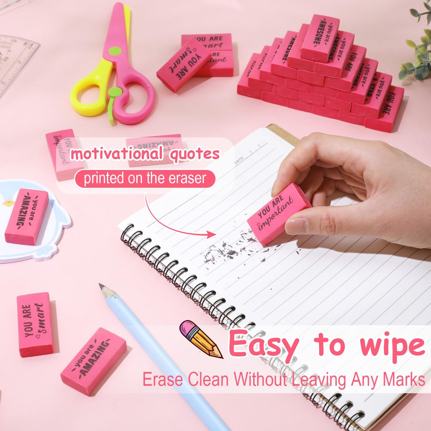 Resurhang 180 Pcs Erasers Bulk for Kids Inspirational Pencil Erasers Bulk for Drawing Motivational Big Eraser School Supplies for Classrooms Back to School Office (Motivational,Pink)