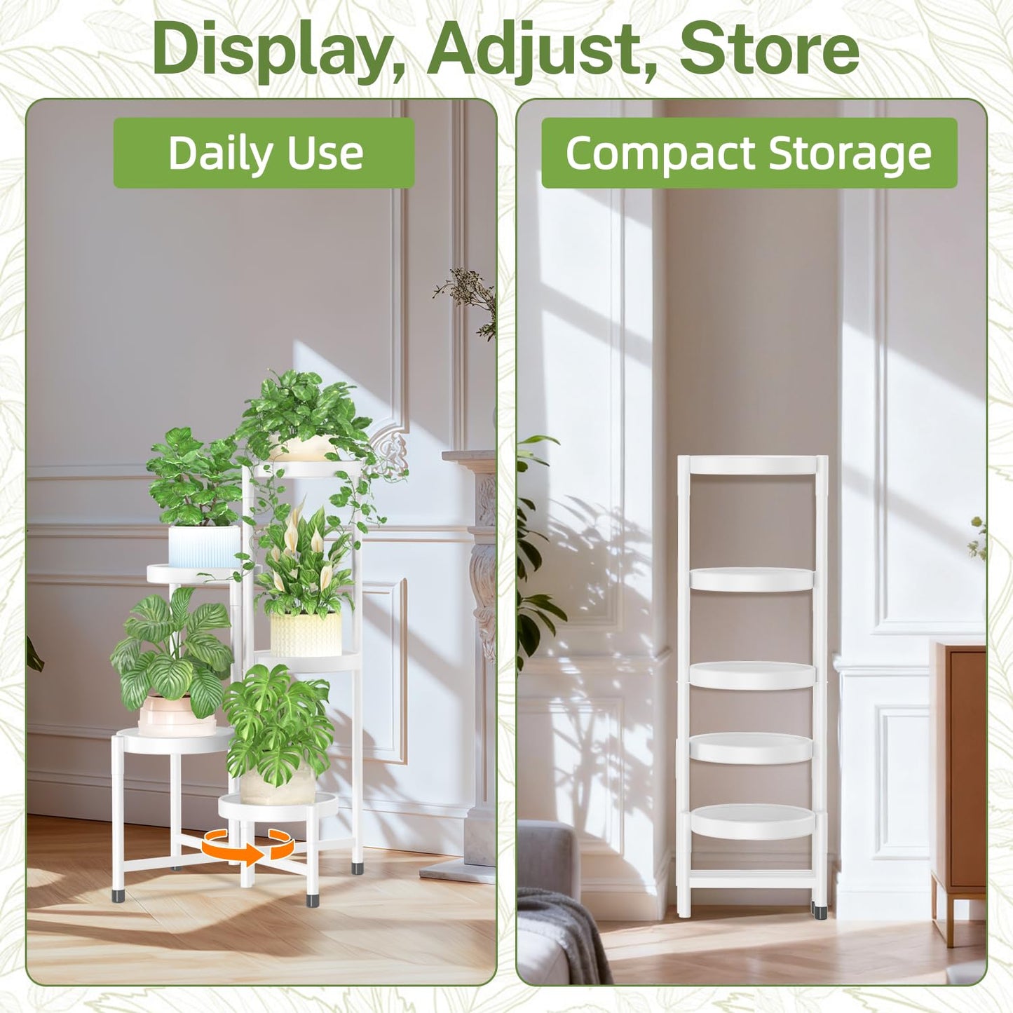 iDavosic.ly Plant Stand Indoor Outdoor, 5 Tier Corner Metal Flower Display Holder Shelf, Folding Tall Orchid Rack for Patio Balcony Porch Garden Living Room House, White
