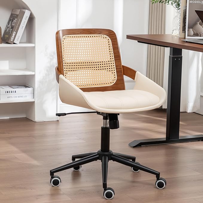 Home Office Desk Chair with Ergonomic Rattan Backrest, Walnut Crafts, Curved
