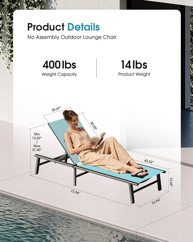 Ciokea Foldable Outdoor Lounge Chair, No Assembly Patio Chaise Lounge Outdoor