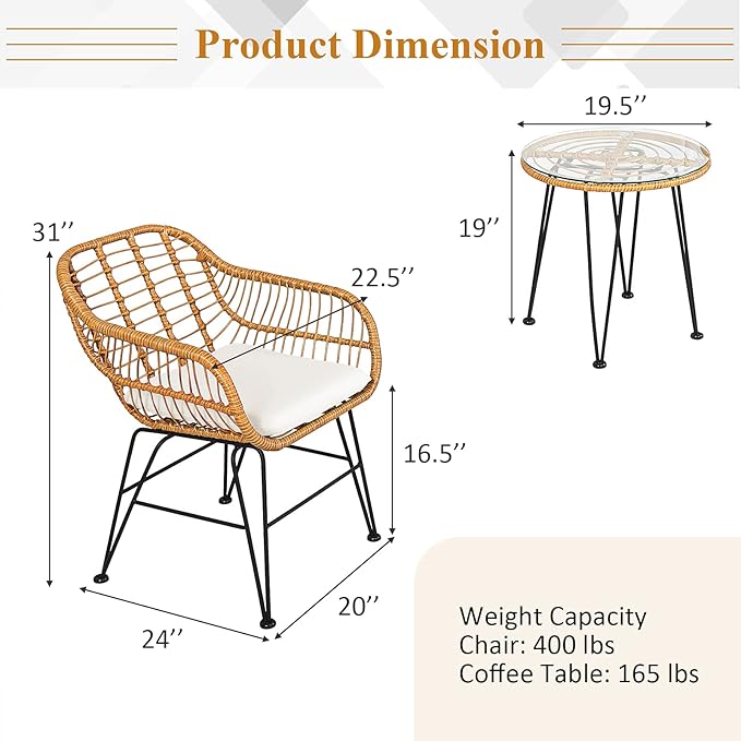 Tangkula 3 Pieces Patio Bistro Set, Rattan Conversation Set