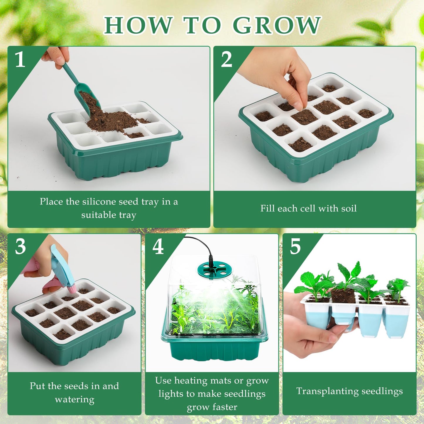 Hanaoyo 5 PCS Reusable Seed Starter Tray, 60 Cells Seed Starter Kit with Flexible Pop-Out Cells, Seedling Starter Trays for Seed Starter, Indoor Greenhouse Seeding Planting Growing