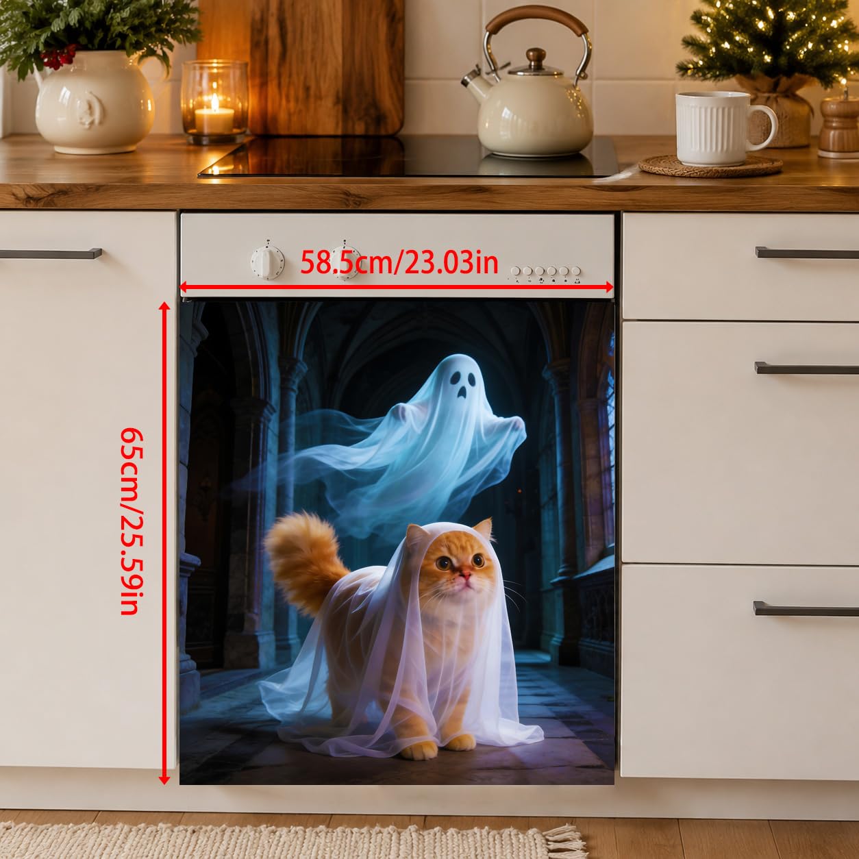 Halloween Ghost Cat Dishwasher Cover Magnet,23.03 x 25.59 in,Dishwasher Magnetic Cover for Kitchen Decor
