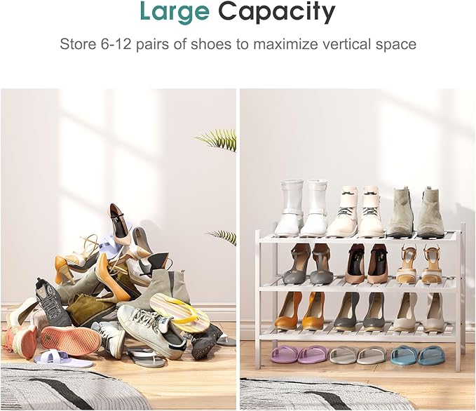 viewcare White Shoe Rack, 3-Tier Bamboo Wood Shoe Rack
