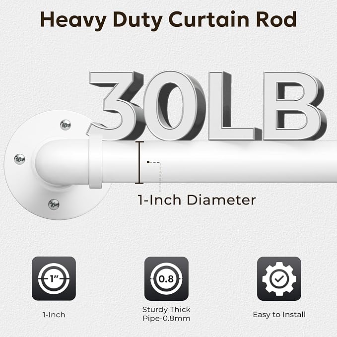 Zeerobee Curtain Rods for Windows 32 to 72, 1 Inch Industrial Wrap Around White Curtain Rod, Indoor/Outdoor Room Divider Adjustable Drapery Pole, 32"-72"