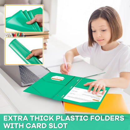 Henoyso 36 Pcs Plastic Folder with Clear Front Pocket and 3 Prong Plastic Folders with Card Slot Pocket Folders with Prongs for School Office (Green)
