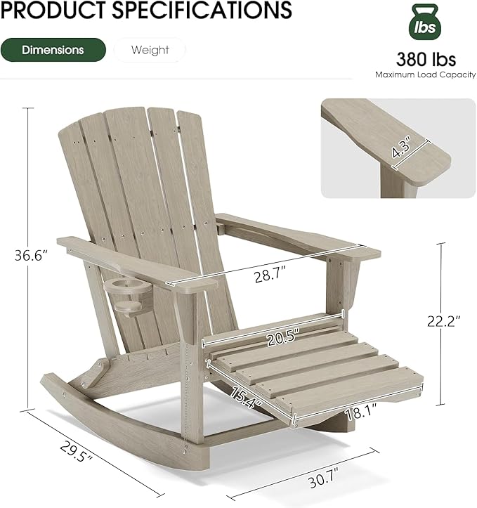 Adirondack Rocking Chair with Retractable Ottoman, Outdoor Folding Adirondack