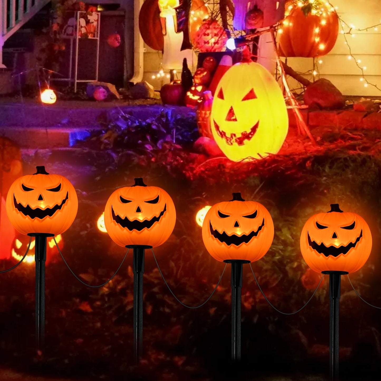 Halloween Decorations Outside - 7Ft LED Pumpkin Pathway Lights Plug in with 4 Pack LED Pumpkin Stake Lights Waterproof, for Halloween Outdoor Path Walkway Yard Lawn Landscape Decor, 0.6W