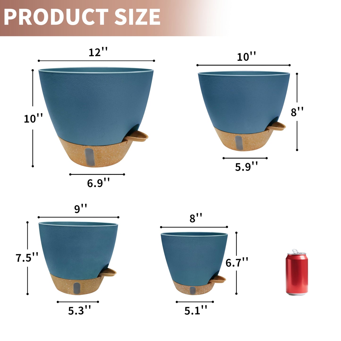 MNKXL 12"/10"/9"/8" Self Watering Pots with Visual Water Window,Extra Large Self Watering Plant Pots with Drainage Holes & Saucers,Blue Planters for Indoor Plants,4-Pack