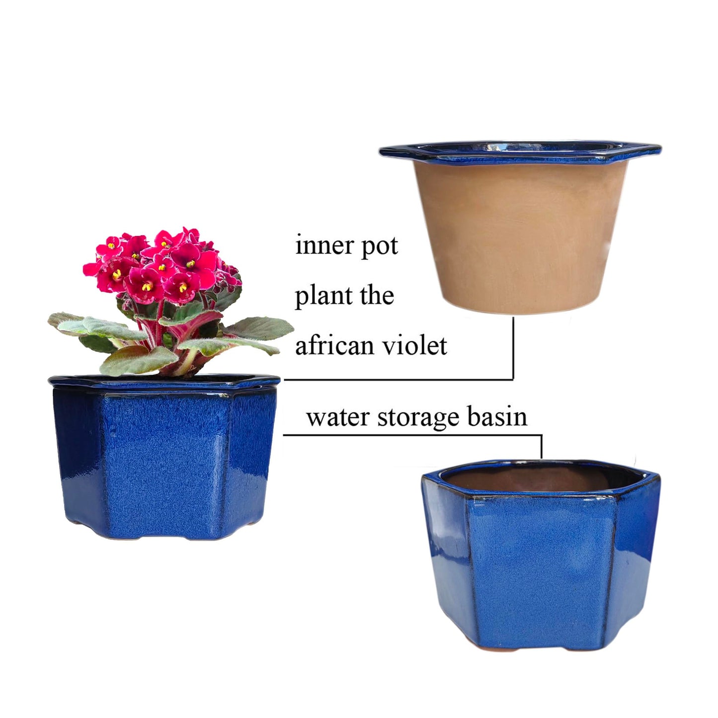 Dphagesy African Violet Pots 6 inch Hexagon Self-Watering Ceramic Violet Pots 4.50'' Opening (Blue)