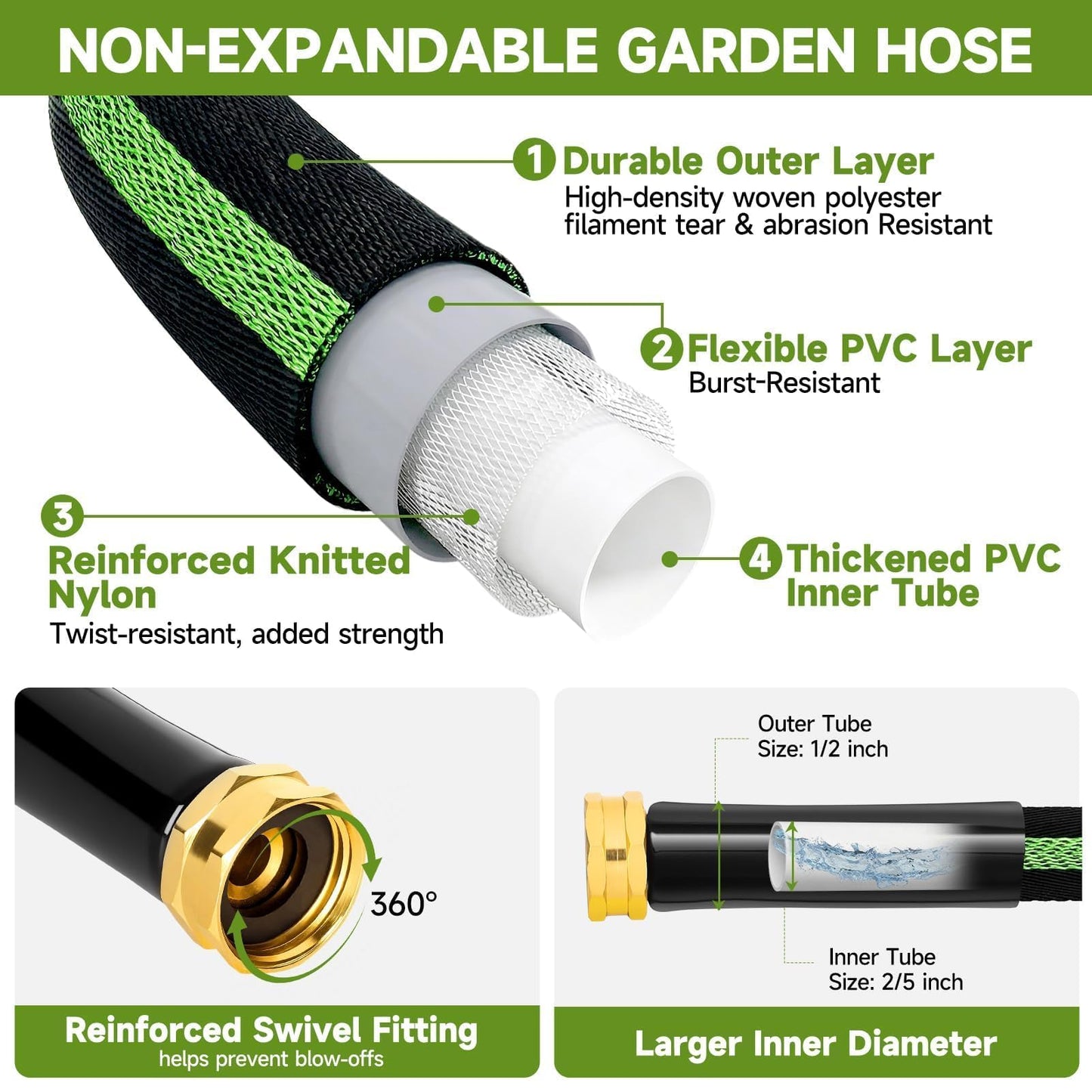 VIONMI Garden Hose 100 ft Flexible Non-Expandable Water Hose Kink-Free Lightweight Leak-Proof High Pressure Durable Outdoor Portable Fabric Hoses Pipe with 3/4” Sturdy Fittings for Yard Lawn Car Wash