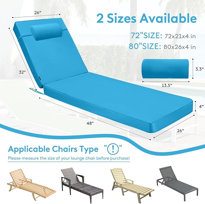 Chaise Lounge Cushion for Outdoor Furniture, Waterproof, Fade-Resistant and