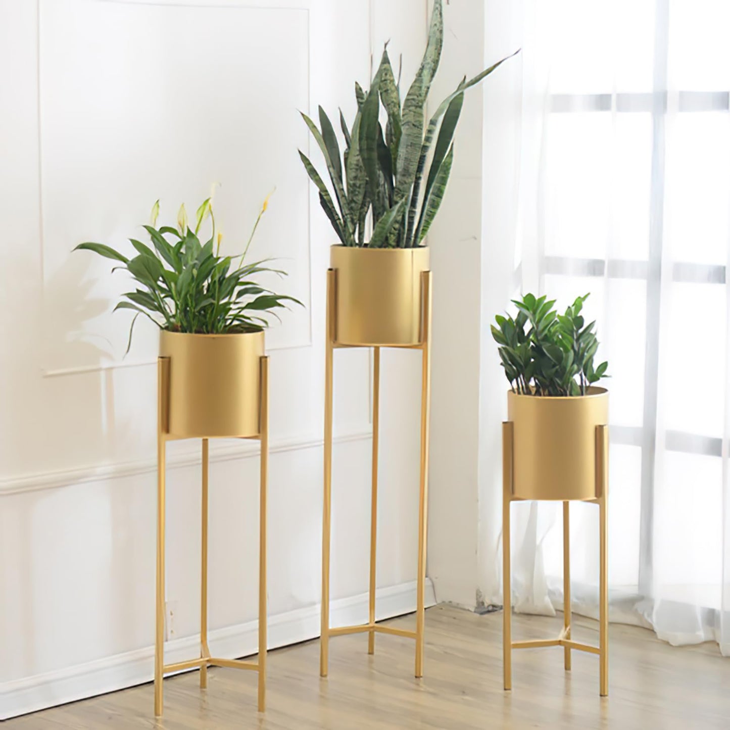 Myyixilau Gold Metal Plant Stand Set, Modern Minimalist Floor Standing Planter Holder with Cylindrical Pot, 3 Piece Indoor Decorative Flower Rack