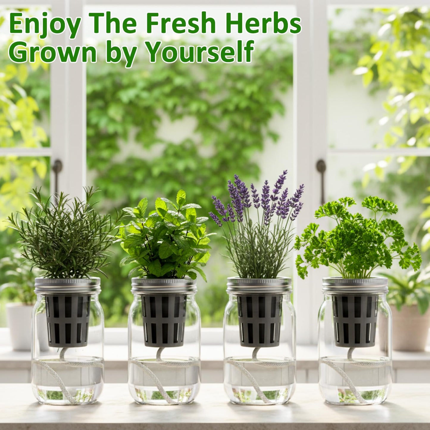 Teenyyou 12 Set Hydroponic Garden Mason Jar Kit Self Watering Herb Hydroponic Planter Starter Kit with Net Pot Garden Flower Plant Growing Gift for Indoor Herbs Windowsill Gardening